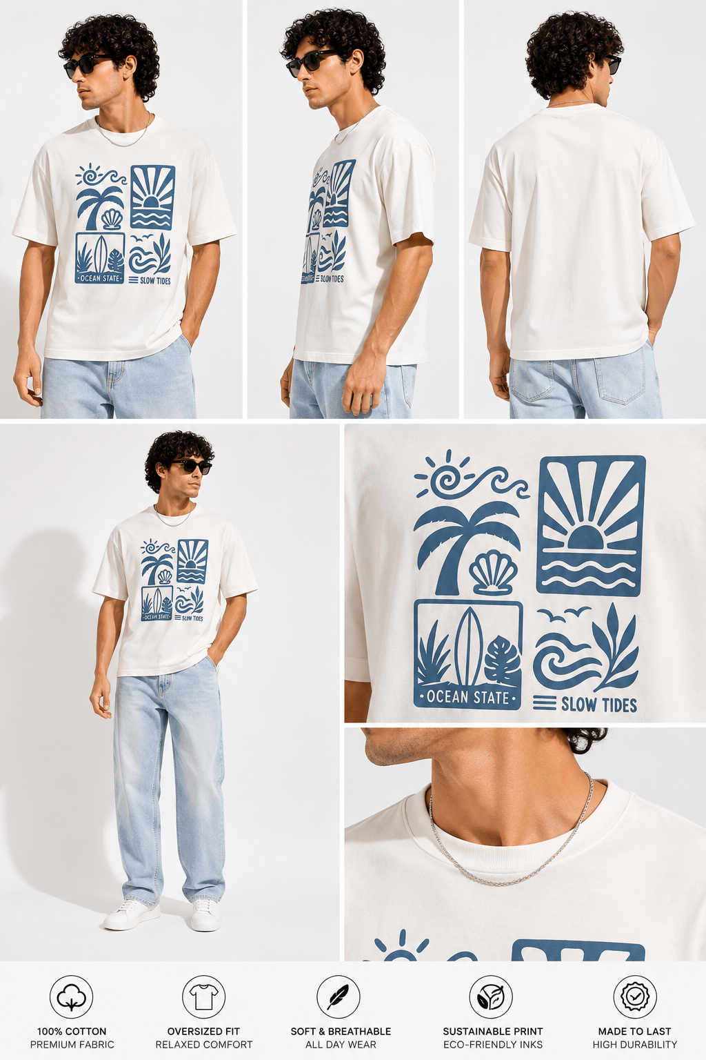White Typography Printed Oversized Cotton T-Shirt