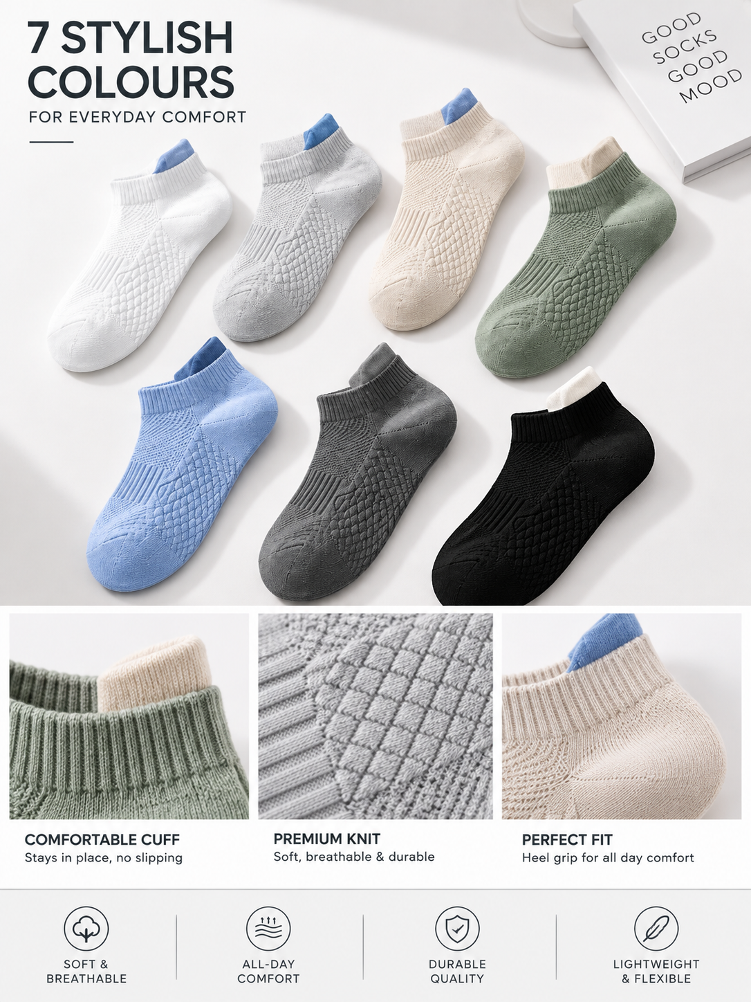 Unisex Pack of 7 Multicoloured Ankle-Length Casual Socks