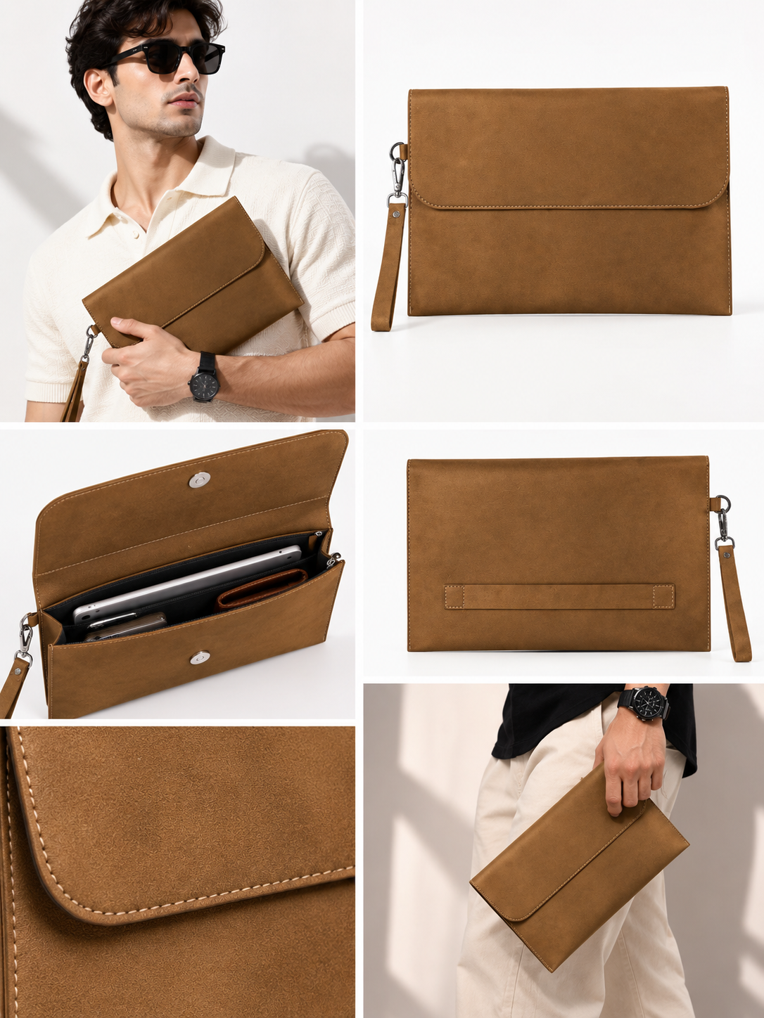 Brown Solid Leather-Look Document Clutch with Detachable Wrist Strap