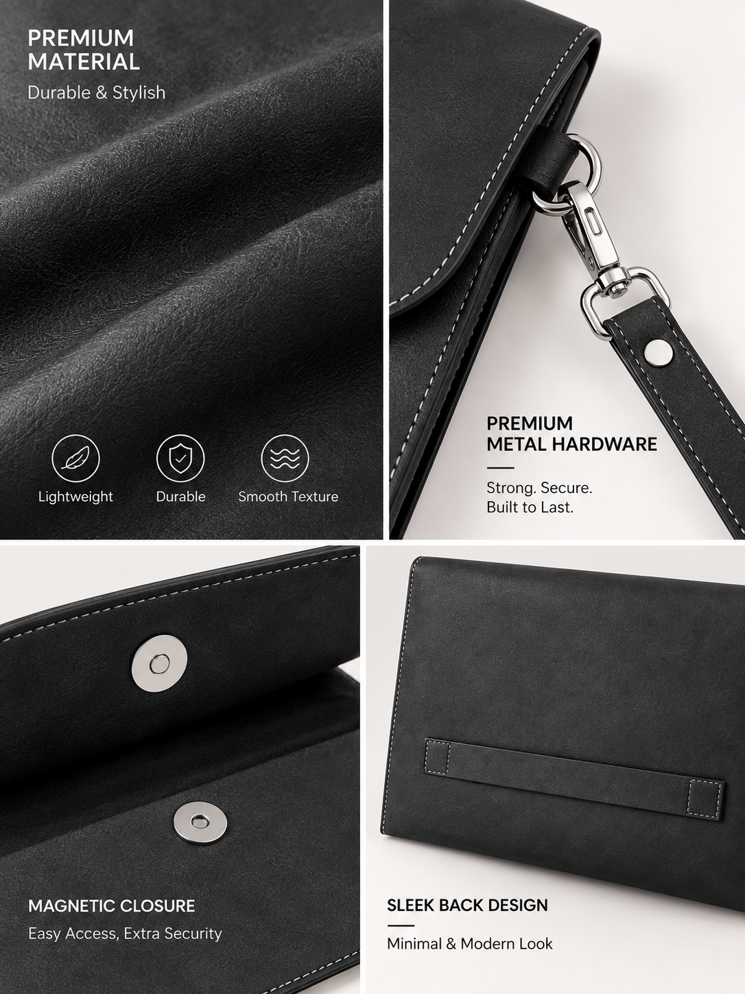 Black Solid Leather-Look Document Clutch with Detachable Wrist Strap