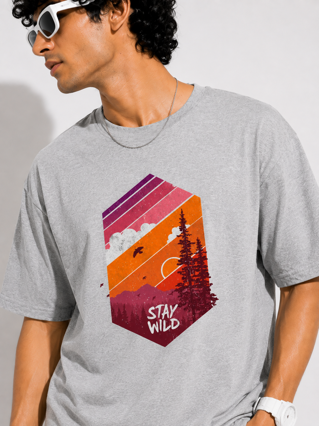 Grey Melange Typography Printed Oversized Cotton T-Shirt