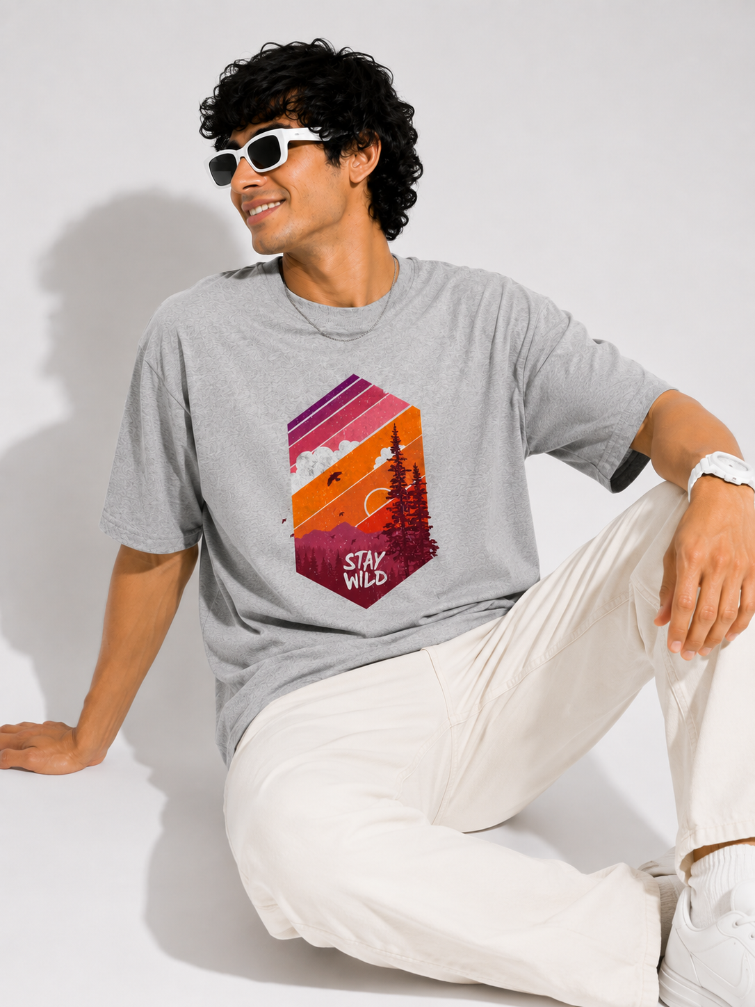 Grey Melange Typography Printed Oversized Cotton T-Shirt