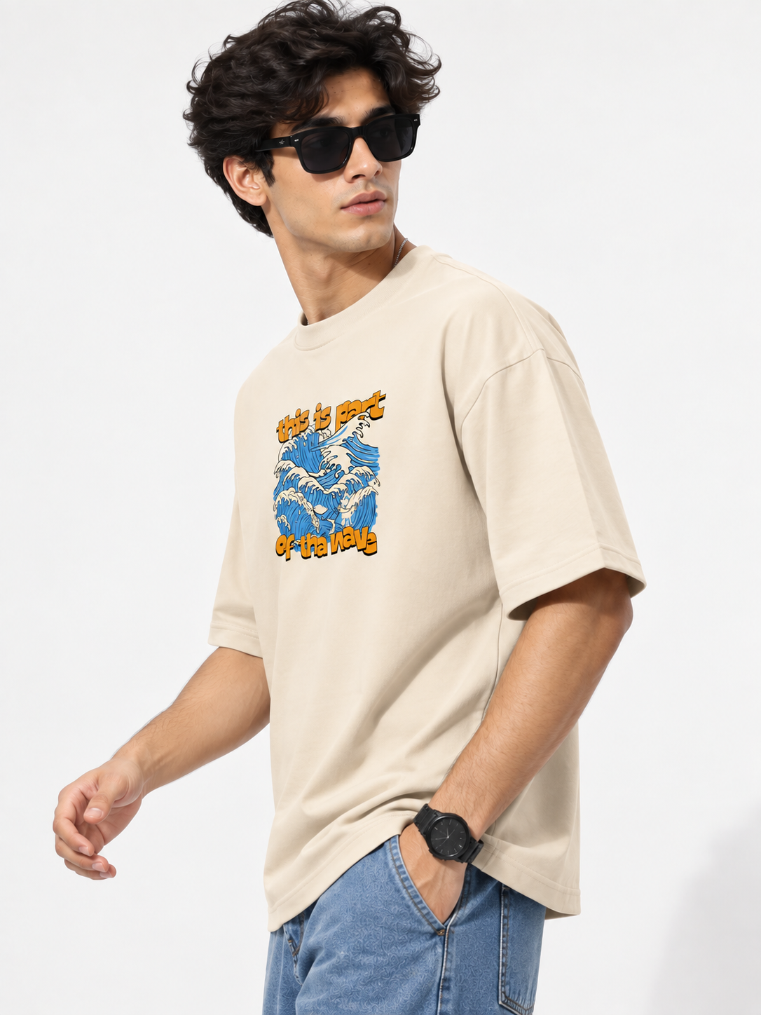 Beige Graphic Printed Oversized Cotton T-Shirt