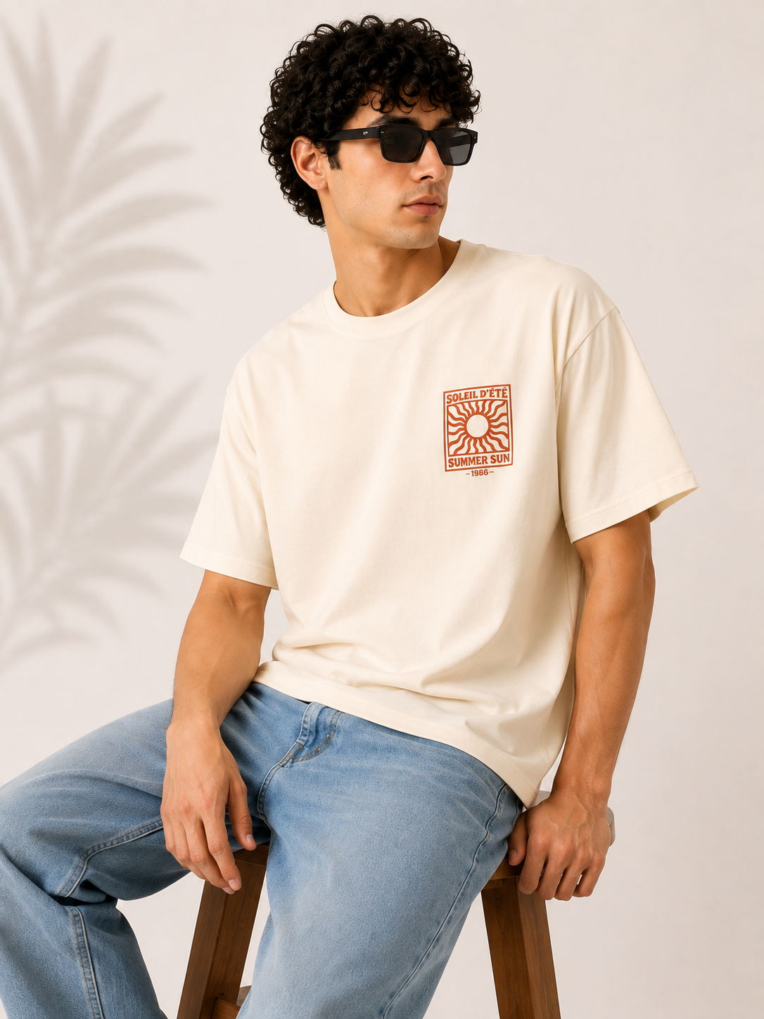 Beige Typography Printed Oversized Cotton T-Shirt