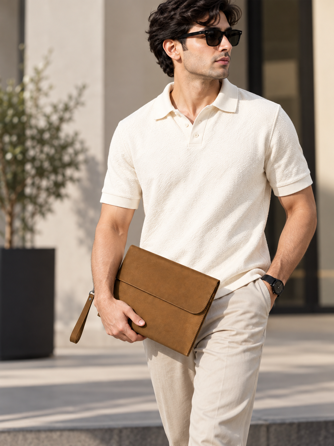Brown Solid Leather-Look Document Clutch with Detachable Wrist Strap
