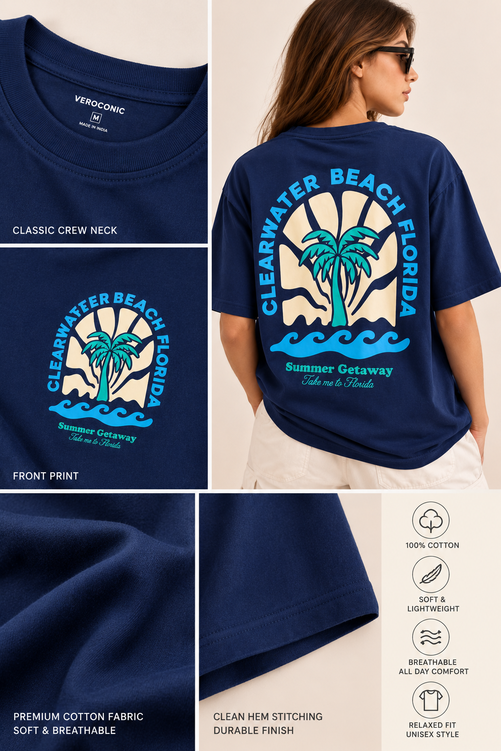 Women Navy Blue Printed Relaxed fit Cotton T-Shirt