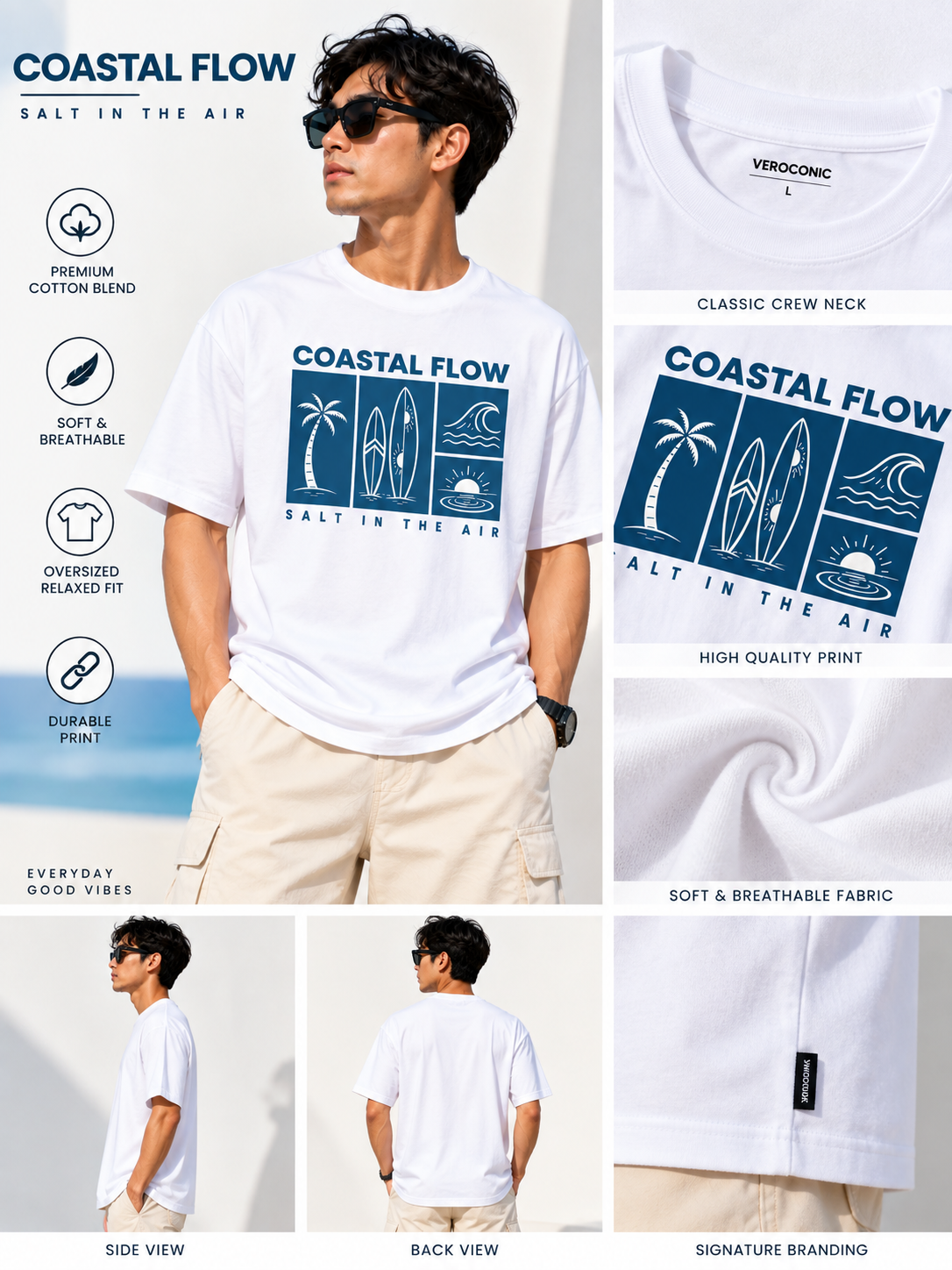 White Typography Printed Oversized Cotton T-Shirt