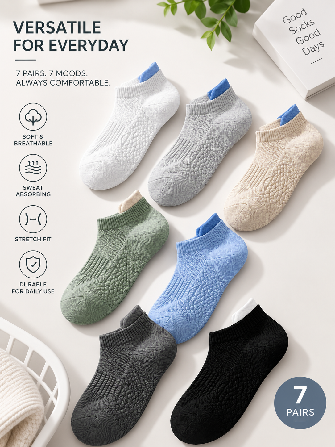 Unisex Pack of 7 Multicoloured Ankle-Length Casual Socks