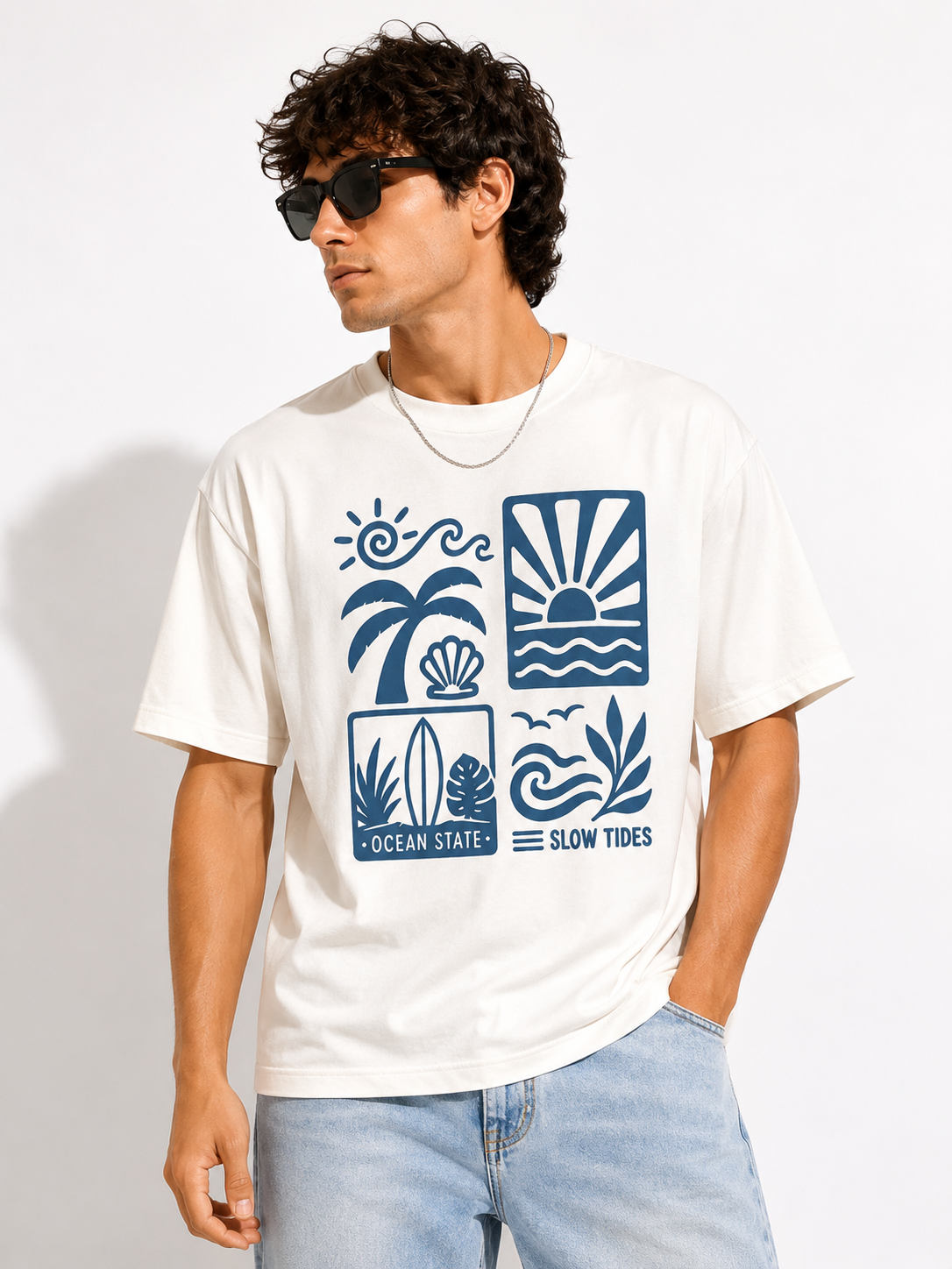 White Typography Printed Oversized Cotton T-Shirt