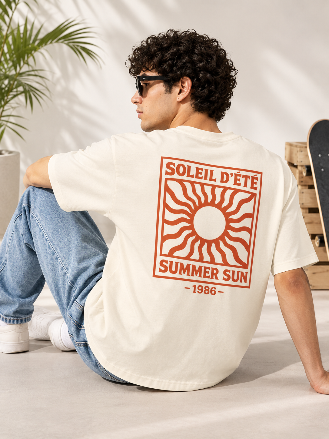 Beige Typography Printed Oversized Cotton T-Shirt