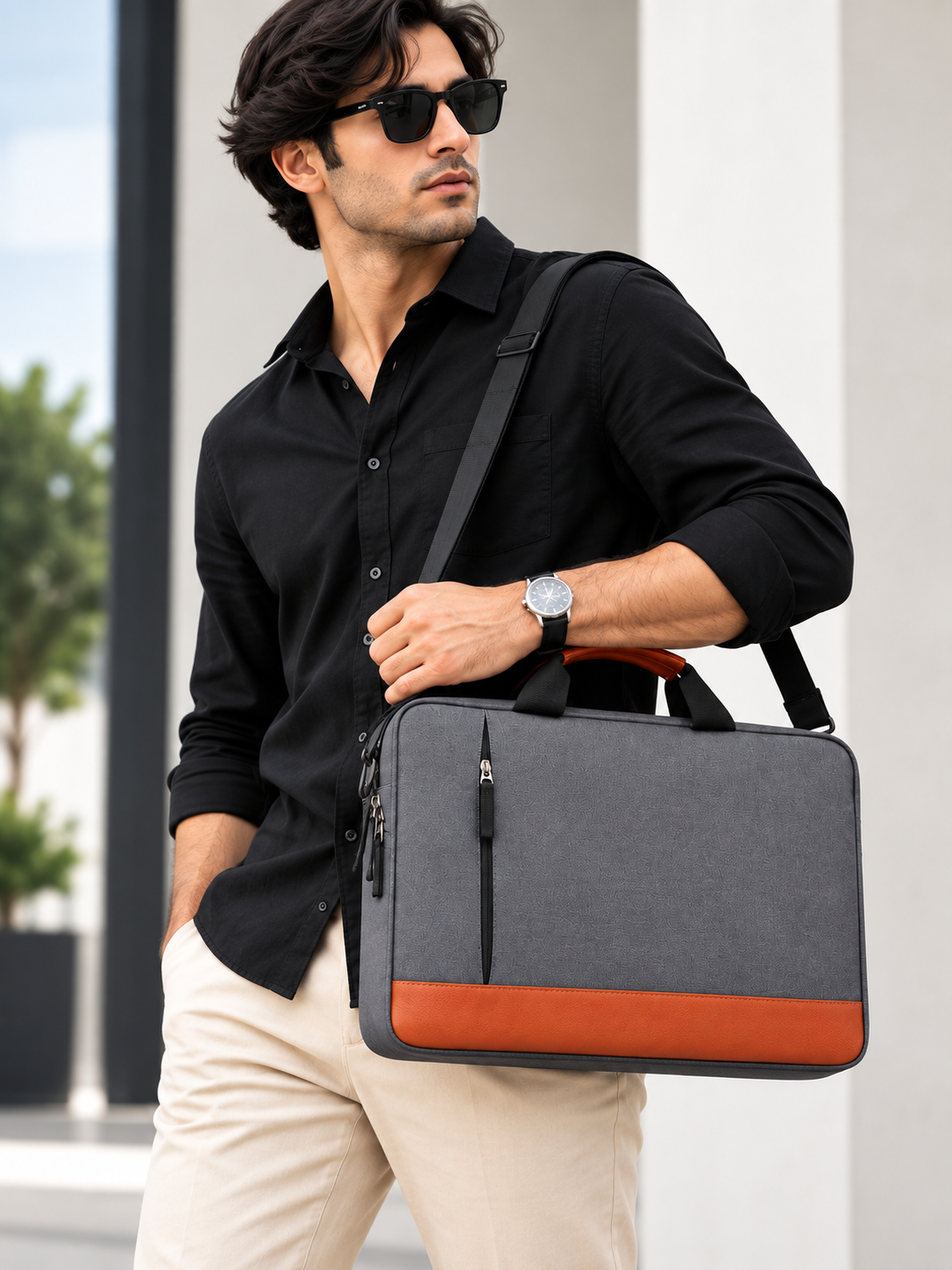 Unisex Grey & Tan Laptop Bag with Padded Compartment & Shoulder Strap