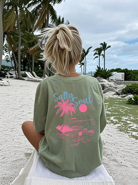 Salty Soul Graphic Oversized Printed Women's T-Shirt Green Color, Unisex, Back Print