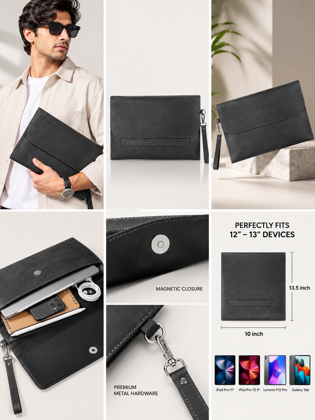 Black Solid Leather-Look Document Clutch with Detachable Wrist Strap