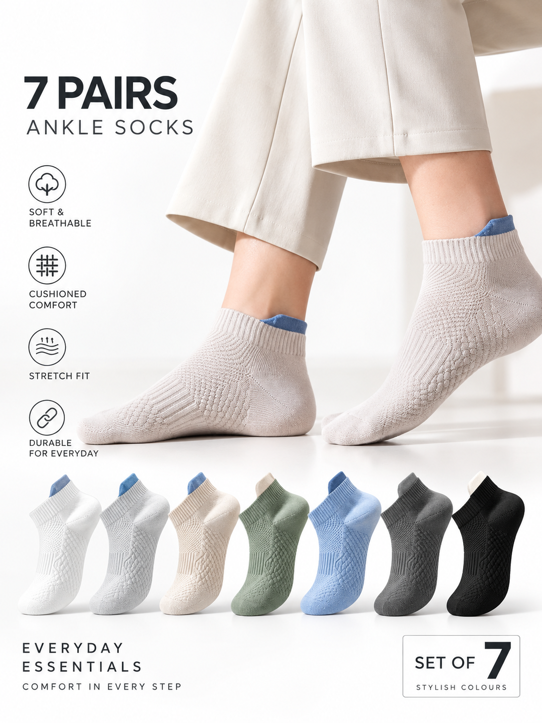 Unisex Pack of 7 Multicoloured Ankle-Length Casual Socks