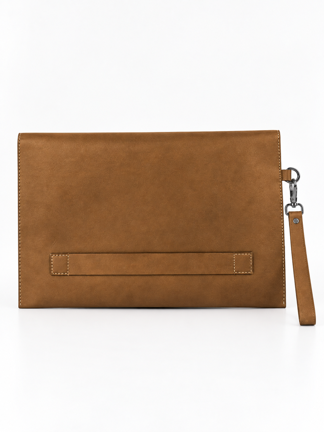 Brown Solid Leather-Look Document Clutch with Detachable Wrist Strap
