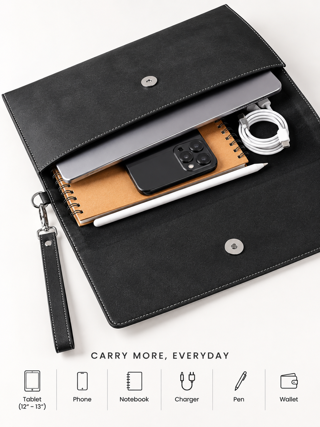 Black Solid Leather-Look Document Clutch with Detachable Wrist Strap