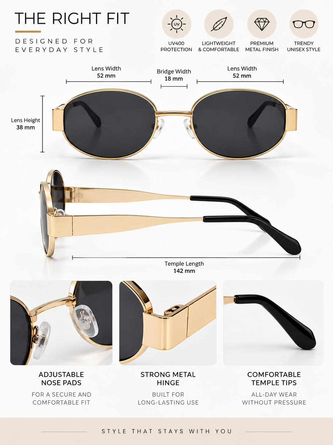 Gold Toned Metal Frame Sunglasses for Women & Men