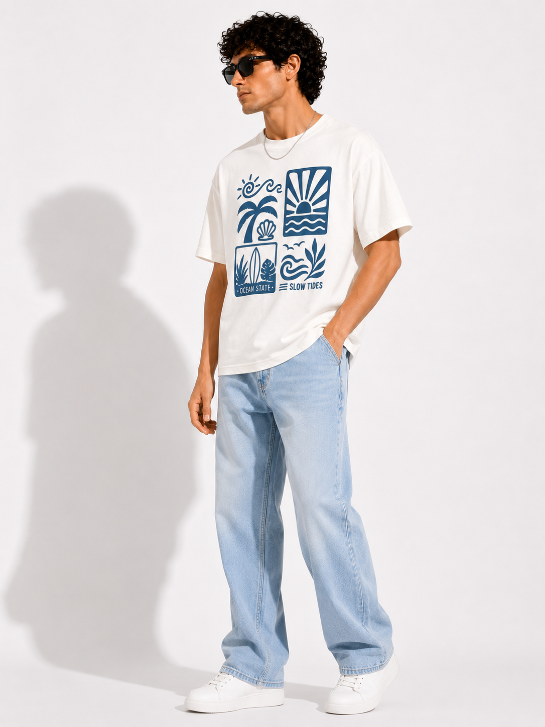 White Typography Printed Oversized Cotton T-Shirt