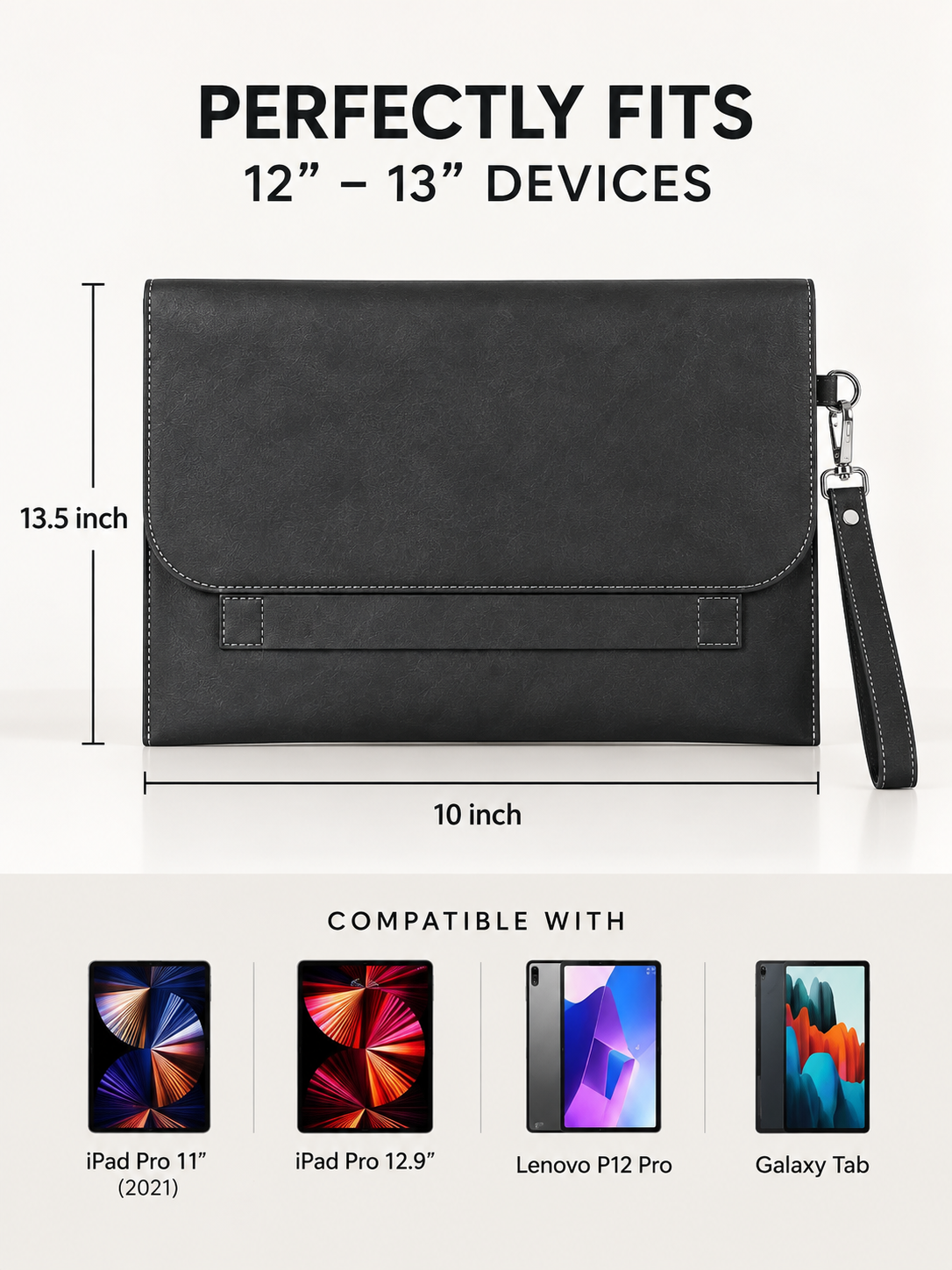 Black Solid Leather-Look Document Clutch with Detachable Wrist Strap