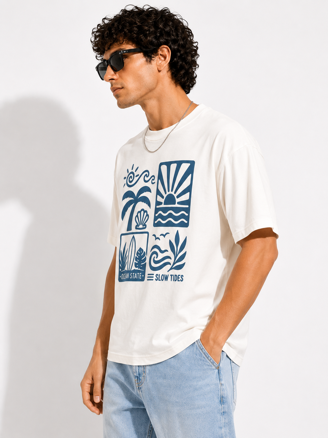 White Typography Printed Oversized Cotton T-Shirt