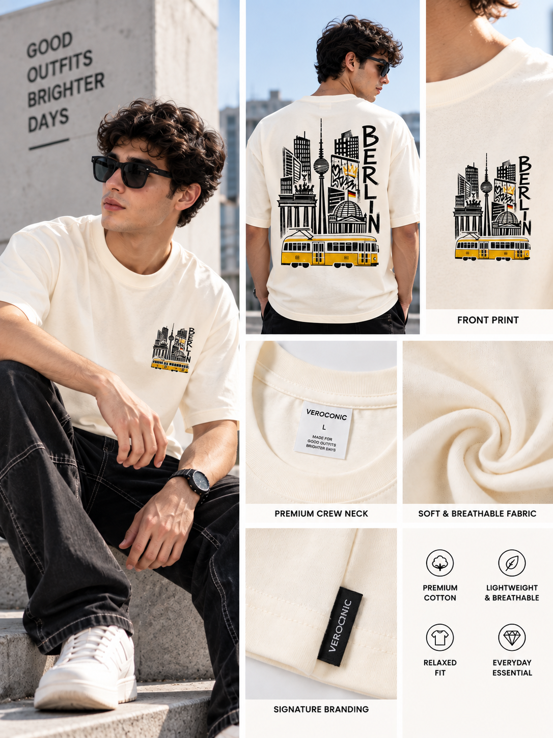 Beige Graphic Printed Oversized Cotton T-Shirt