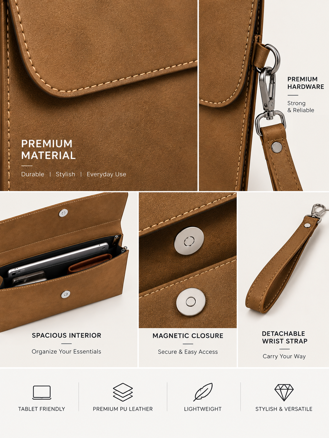 Brown Solid Leather-Look Document Clutch with Detachable Wrist Strap