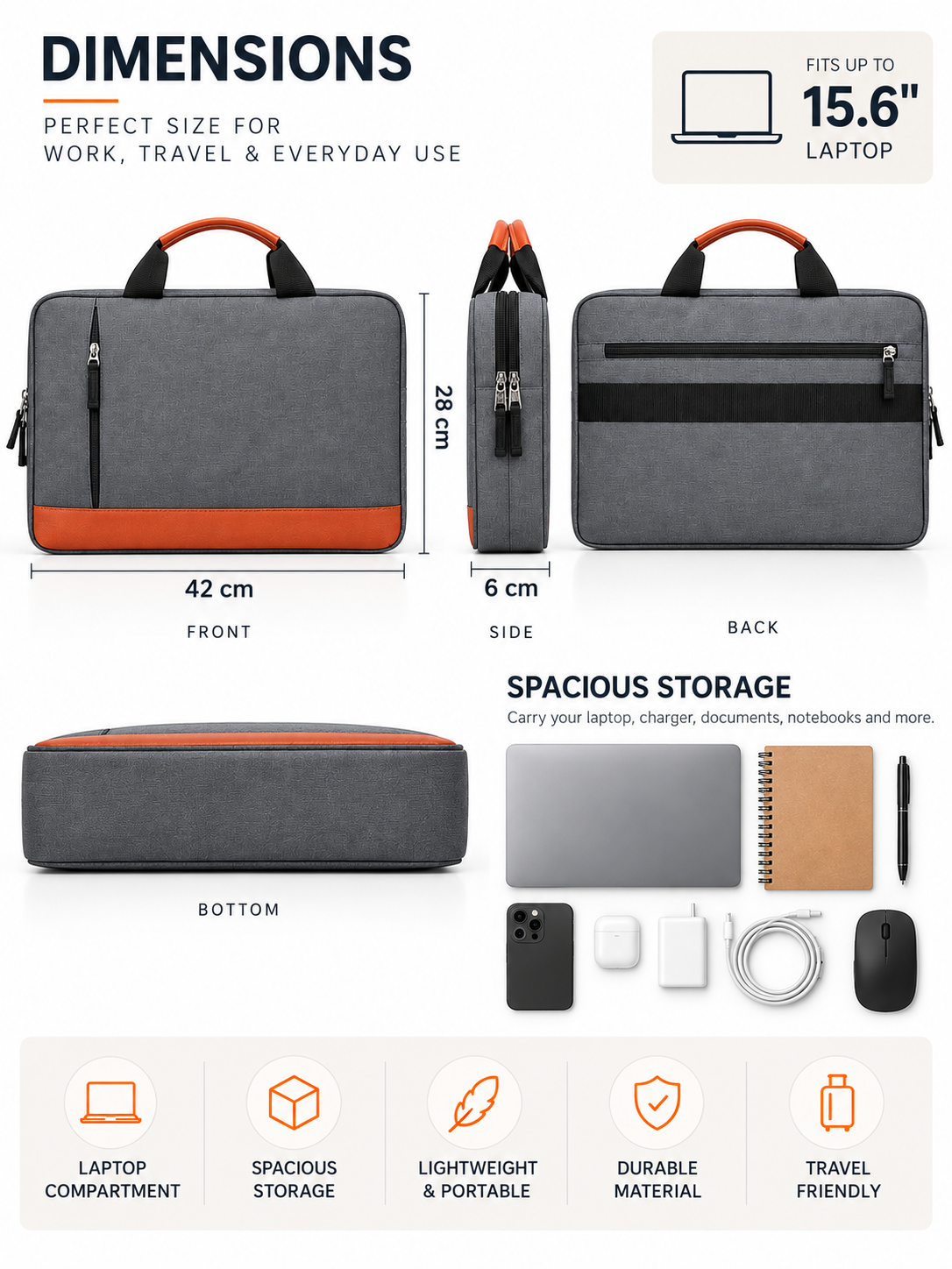 Unisex Grey & Tan Laptop Bag with Padded Compartment & Shoulder Strap
