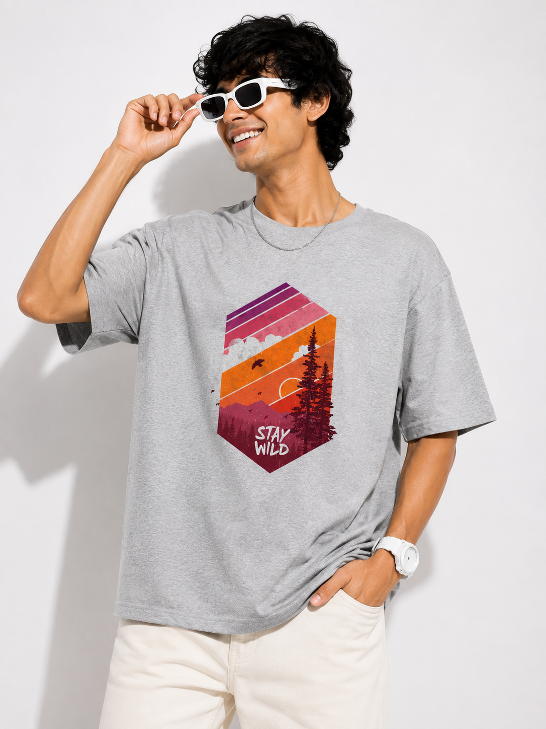 Grey Melange Typography Printed Oversized Cotton T-Shirt