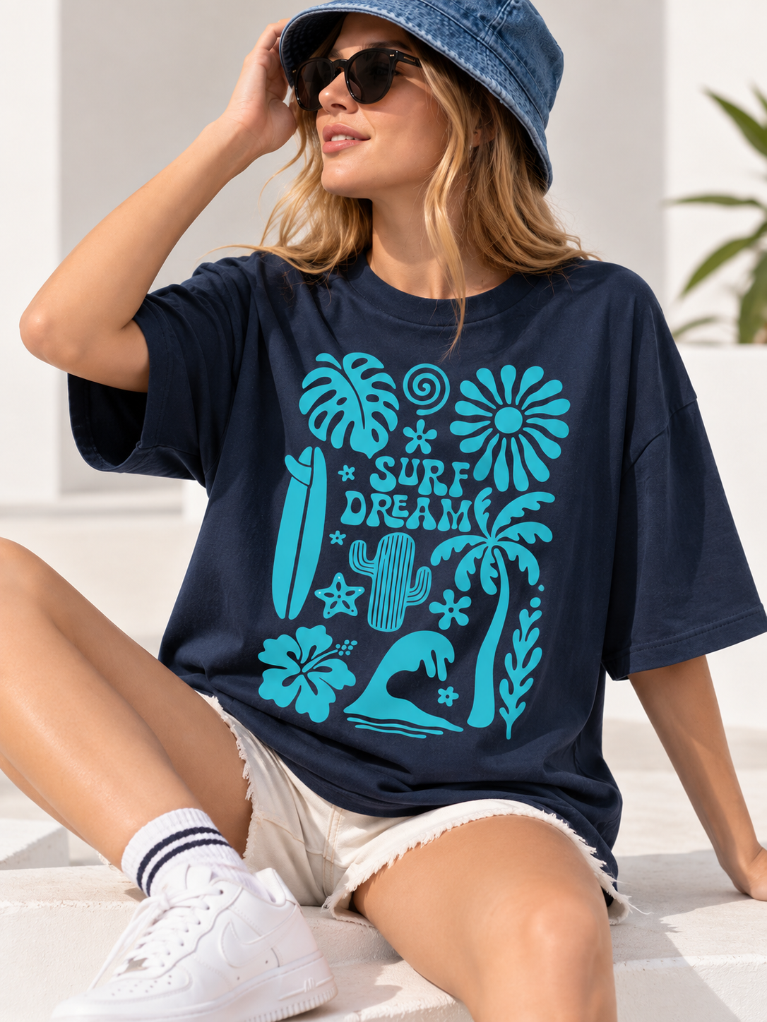 Women Navy Blue Printed Relaxed fit Cotton T-Shirt