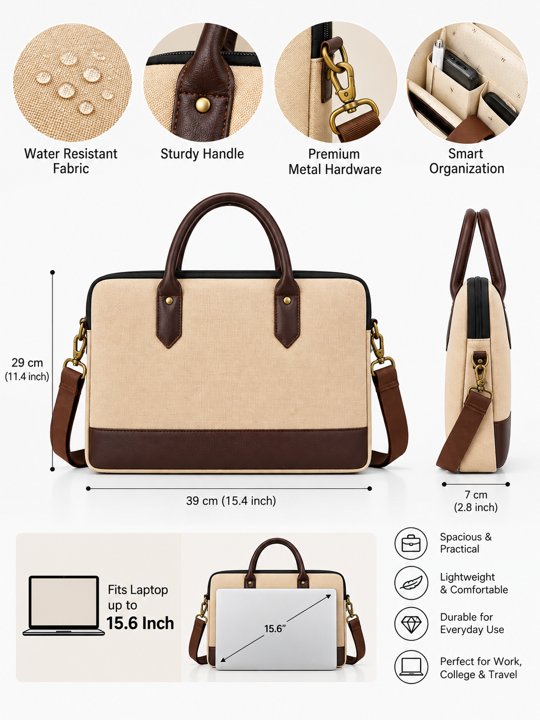 Laptop Messenger Bag | Padded Laptop Briefcase with Detachable Shoulder Strap & Carry Handles