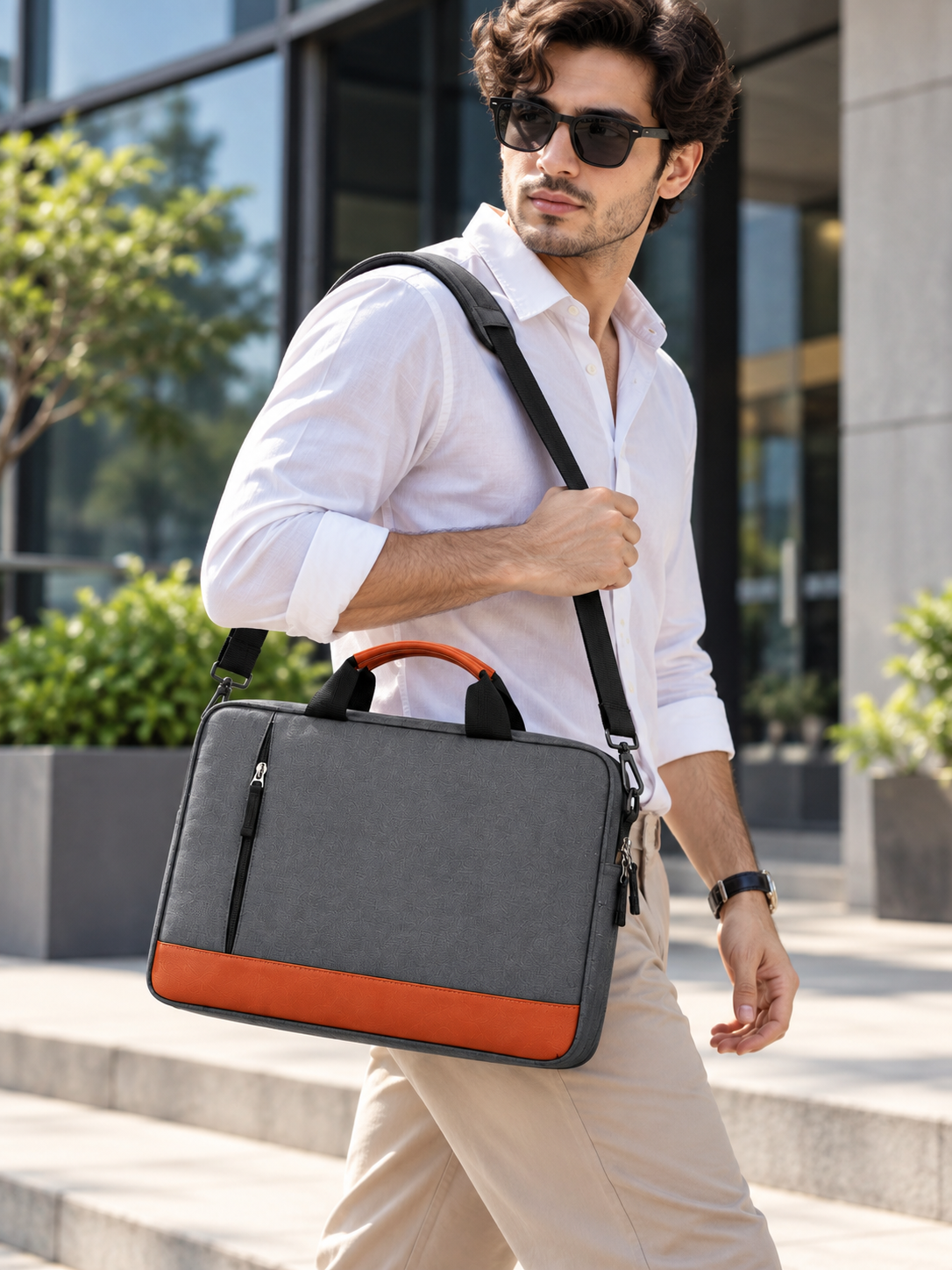 Unisex Grey & Tan Laptop Bag with Padded Compartment & Shoulder Strap