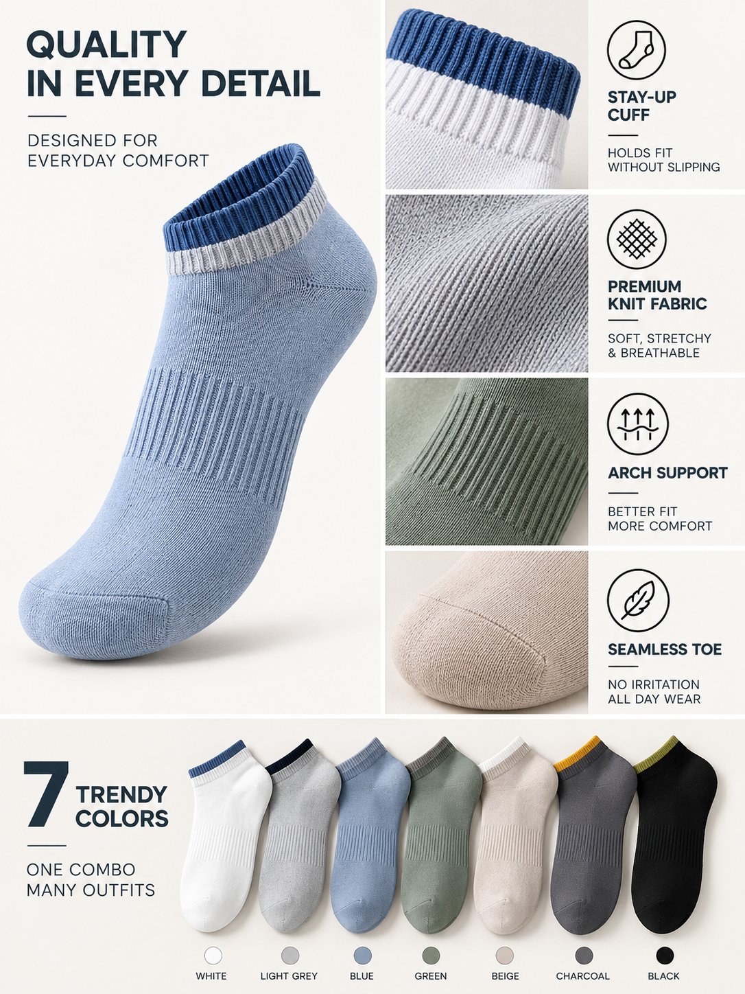 Unisex Pack of 7 Multicoloured Ankle-Length Casual Socks