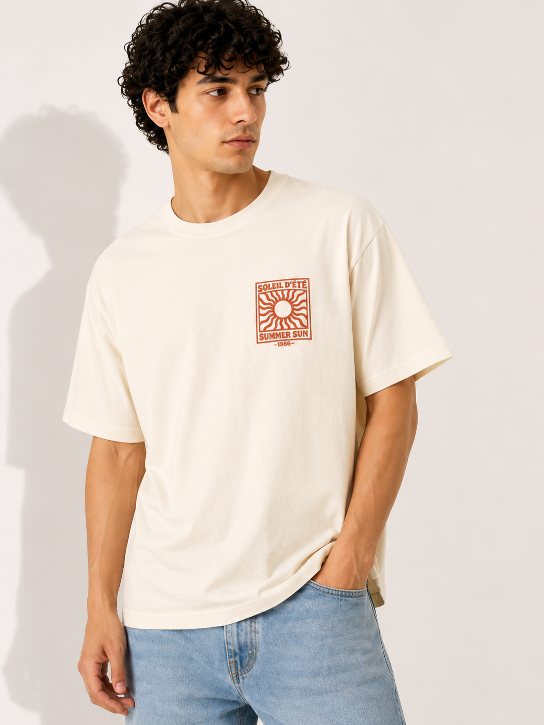 Beige Typography Printed Oversized Cotton T-Shirt