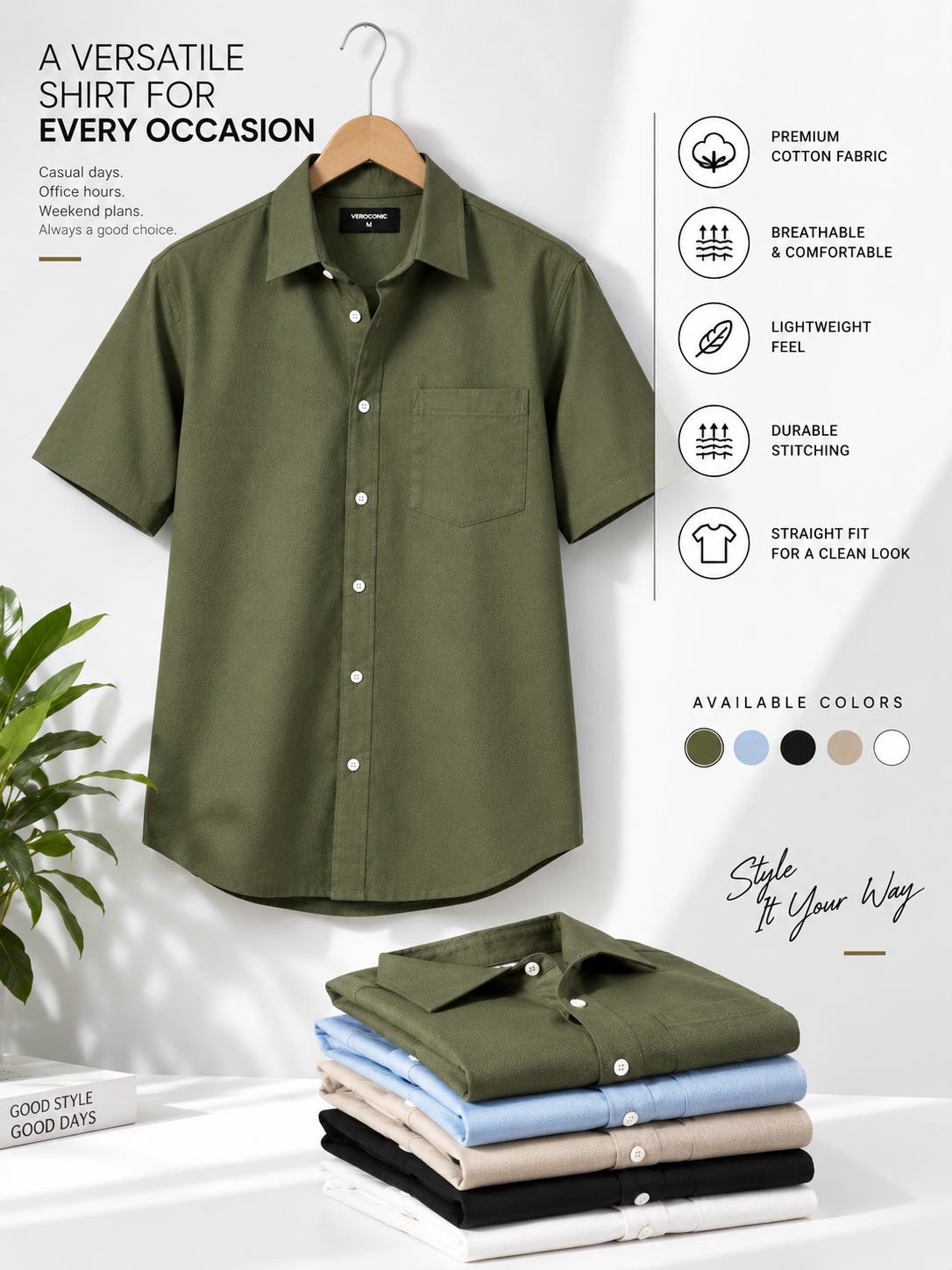 Plain Comfort Fit Cotton Shirt for Men