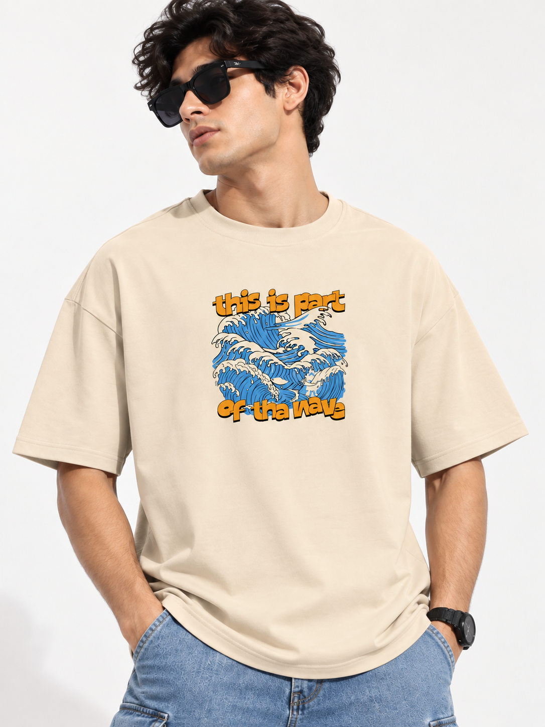 Beige Graphic Printed Oversized Cotton T-Shirt