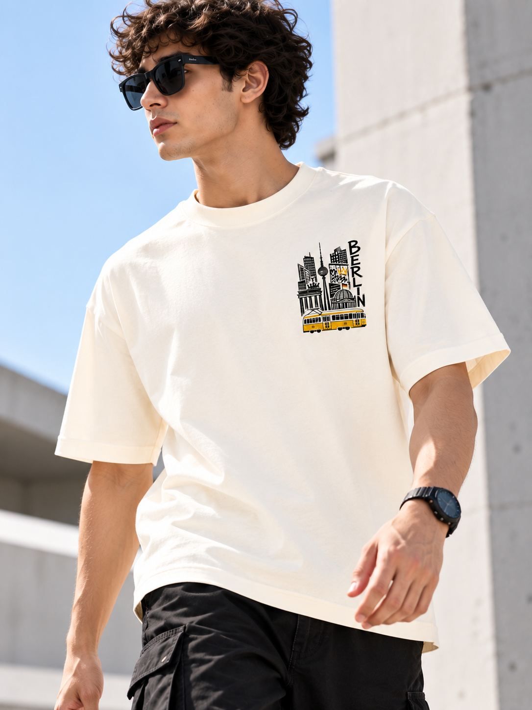 Beige Graphic Printed Oversized Cotton T-Shirt