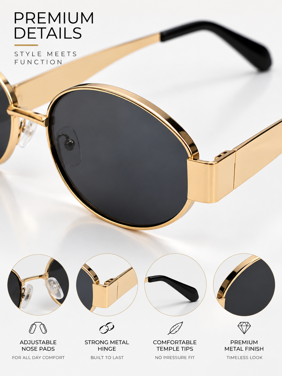 Gold Toned Metal Frame Sunglasses for Women & Men