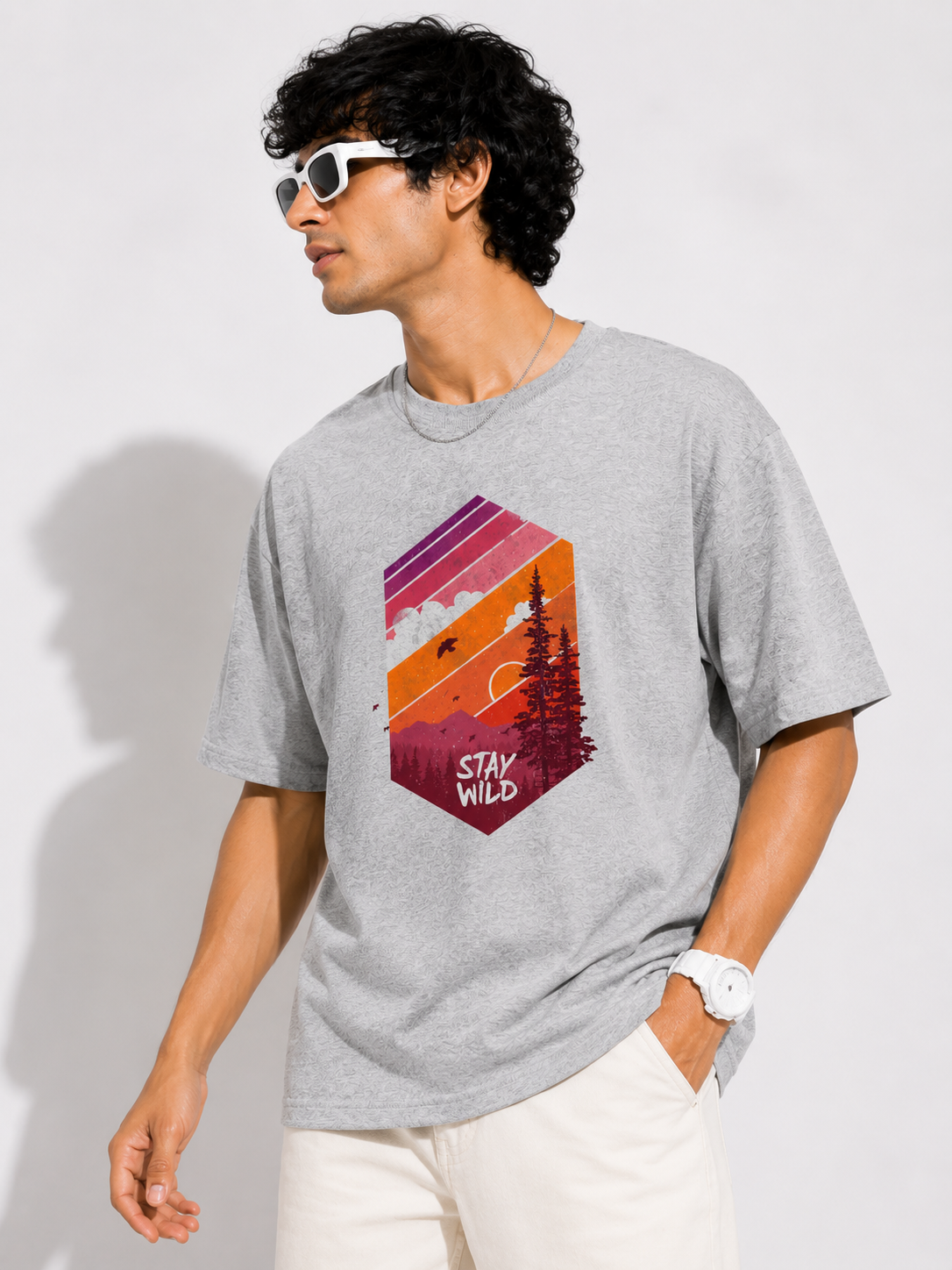 Grey Melange Typography Printed Oversized Cotton T-Shirt