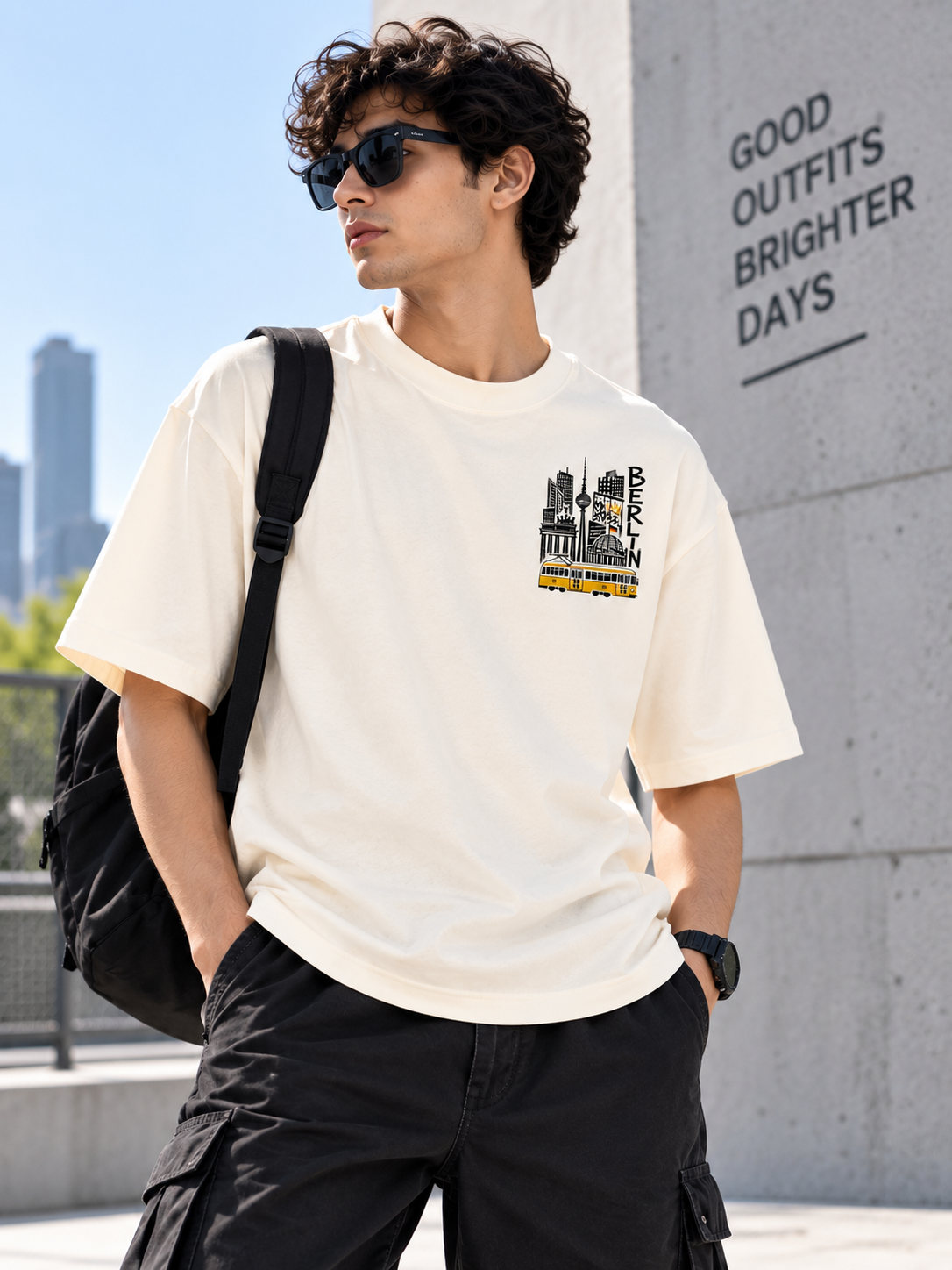 Beige Graphic Printed Oversized Cotton T-Shirt