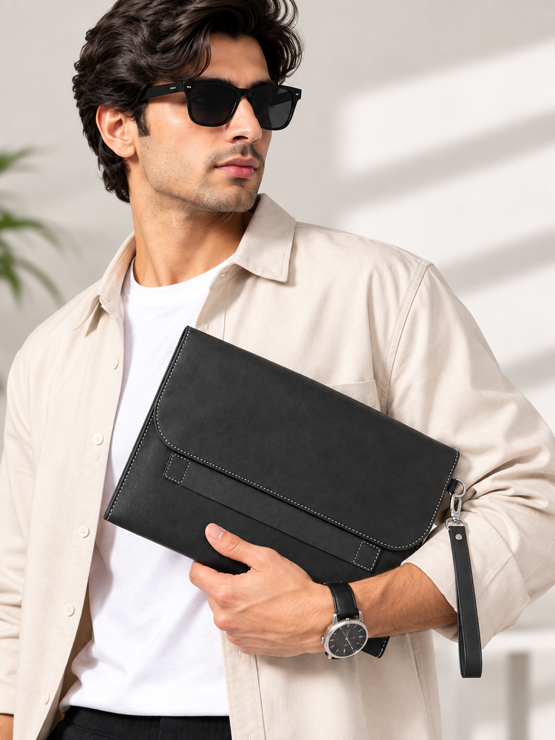 Black Solid Leather-Look Document Clutch with Detachable Wrist Strap