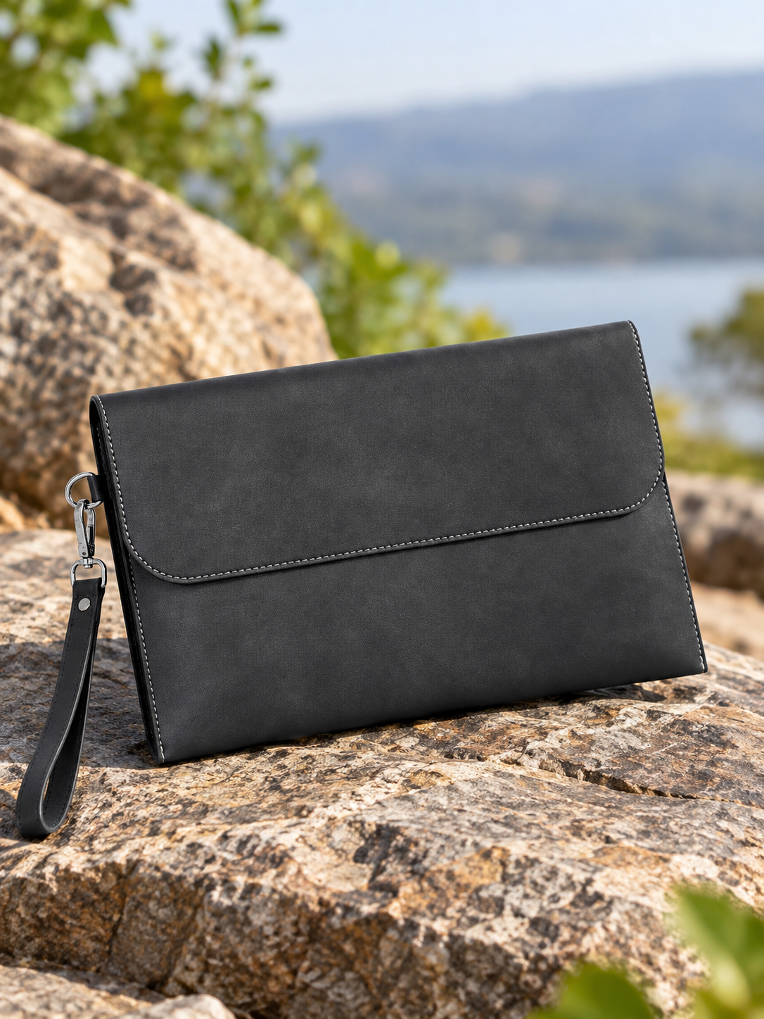 Black Solid Leather-Look Document Clutch with Detachable Wrist Strap