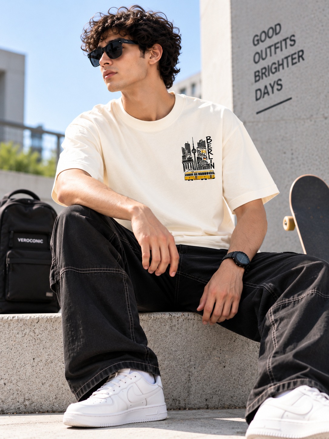 Beige Graphic Printed Oversized Cotton T-Shirt
