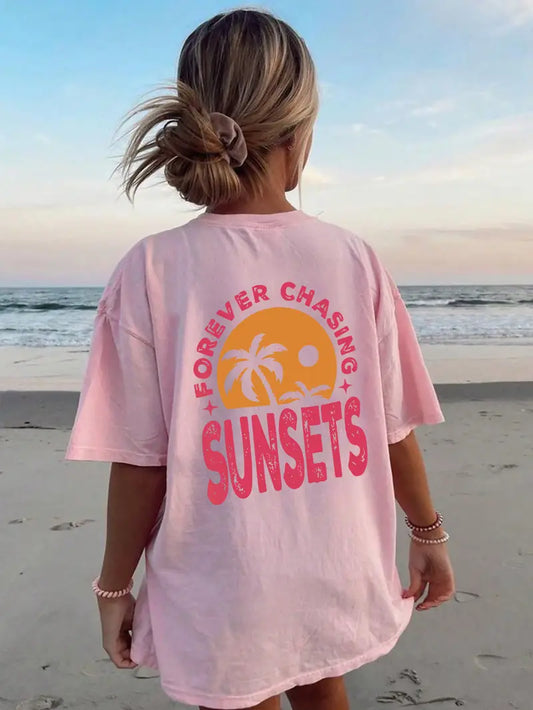 Sunsets Graphic Oversized Printed Women's T-Shirt Pink Color, Unisex, Back Print
