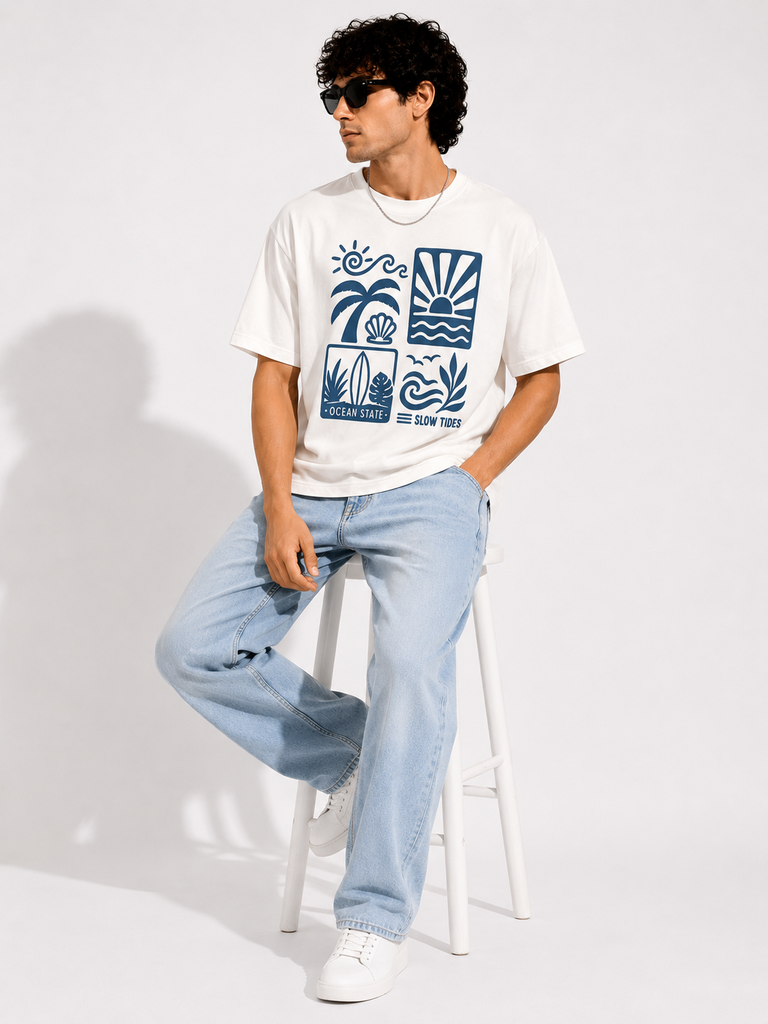 White Typography Printed Oversized Cotton T-Shirt