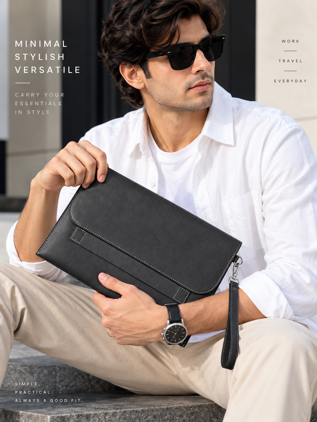 Black Solid Leather-Look Document Clutch with Detachable Wrist Strap