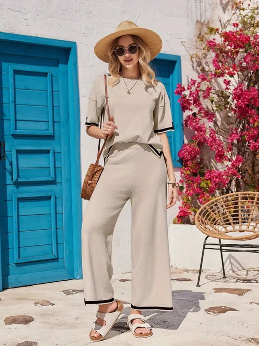 Women's Cord-set Beige And Black Relaxed fit Trendy Fashion for Office and Casual Wear